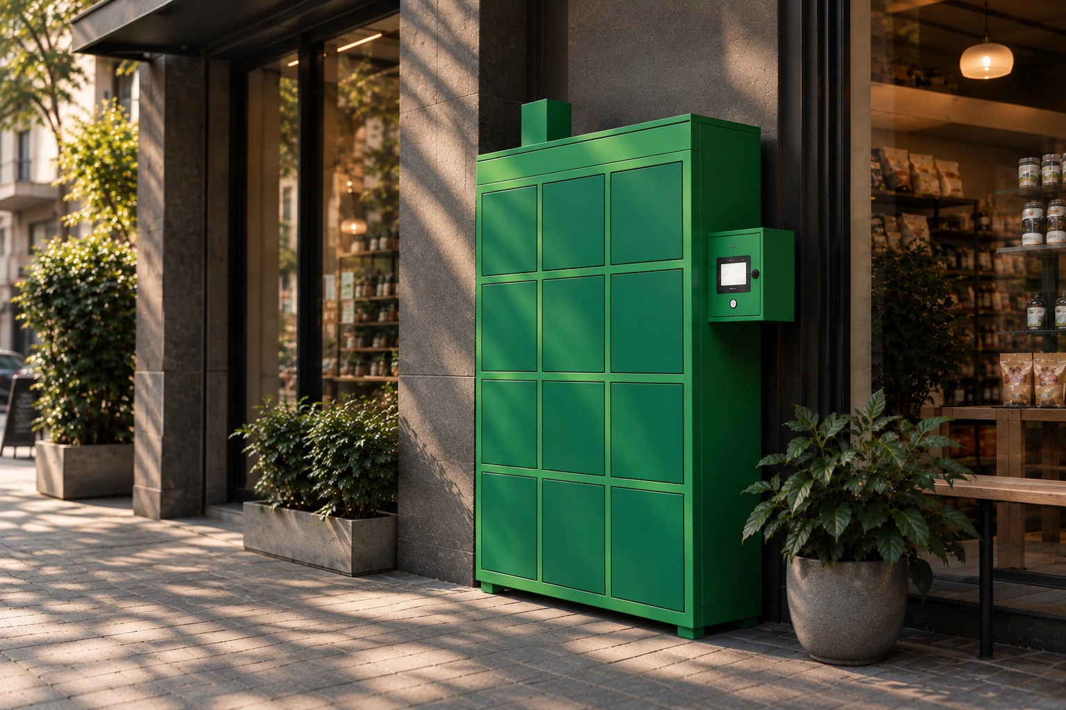 A green Swap Stop locker on a city sidewalk