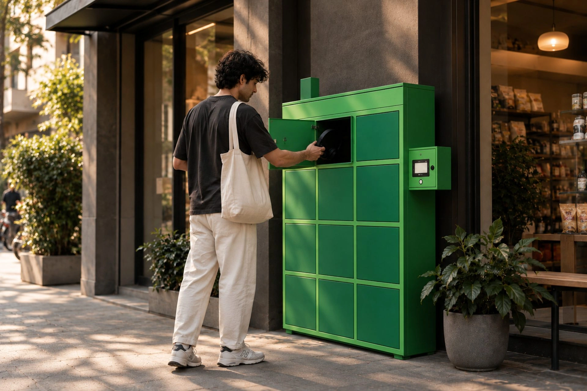 A person retrieving headphones from a Swap Stop locker outside a neighborhood shop