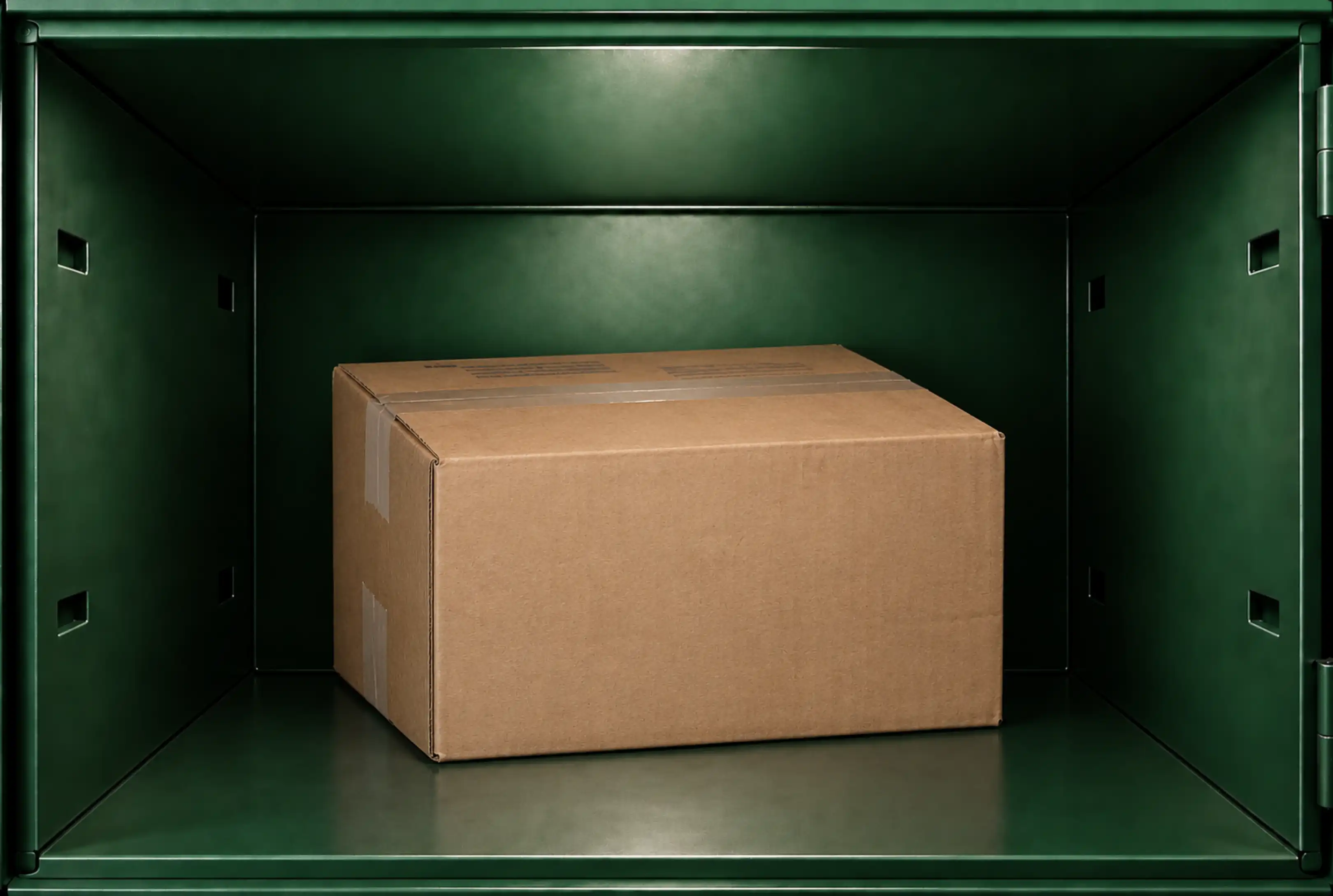 A taped cardboard box inside the locker