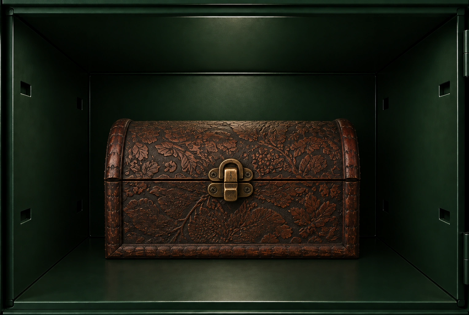 A small wooden chest inside the locker